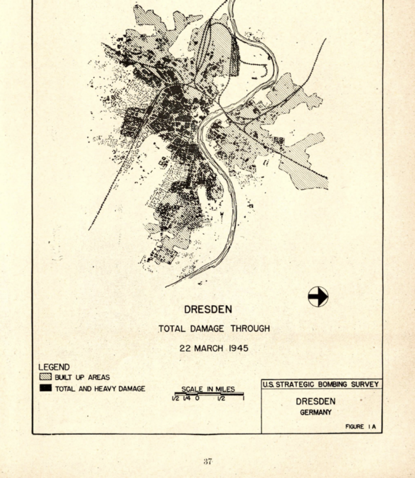 1947 Strategic Bombing Survey Map of Dresden damage assessed on March 22, 1945